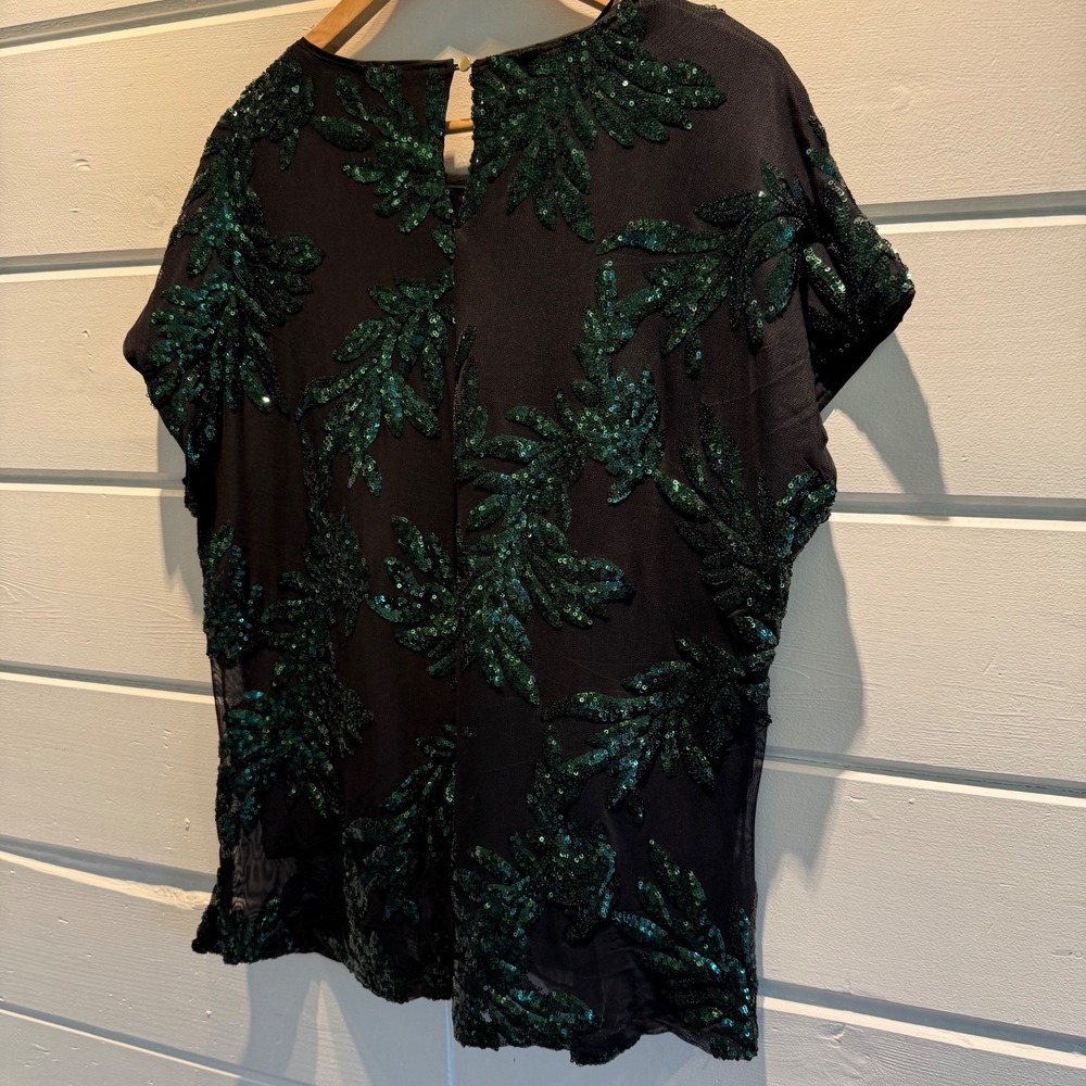 NWT CABLE & GAUGE Top Black Green Sequin Leaf Mesh Top Blouse CSTP04434W Size 1X - Picture 10 of 12
